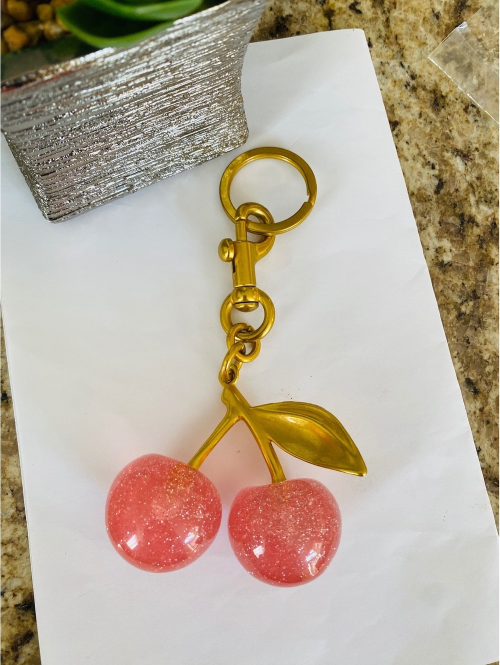 Pink Glitter Cherry Keychain with Gold Tone Metal